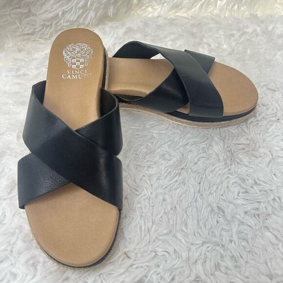 Vince Camuto Rickert Black Leather Cross strap Slide Sandals size 9M /40 - Picture 6 of 9